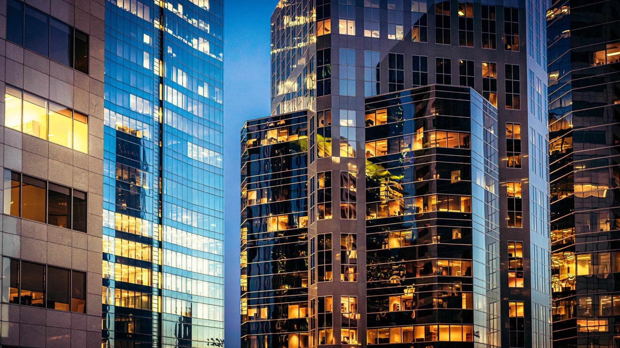 office buildings at sunset