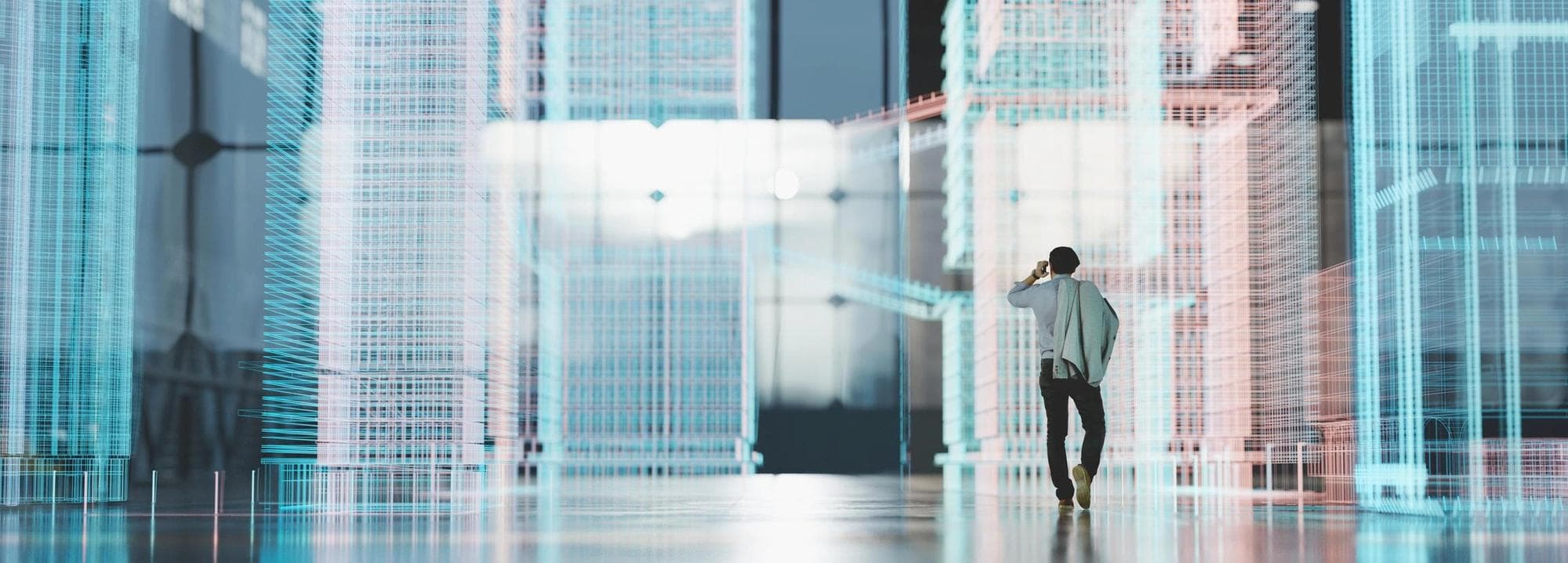person walking with city buildings in background