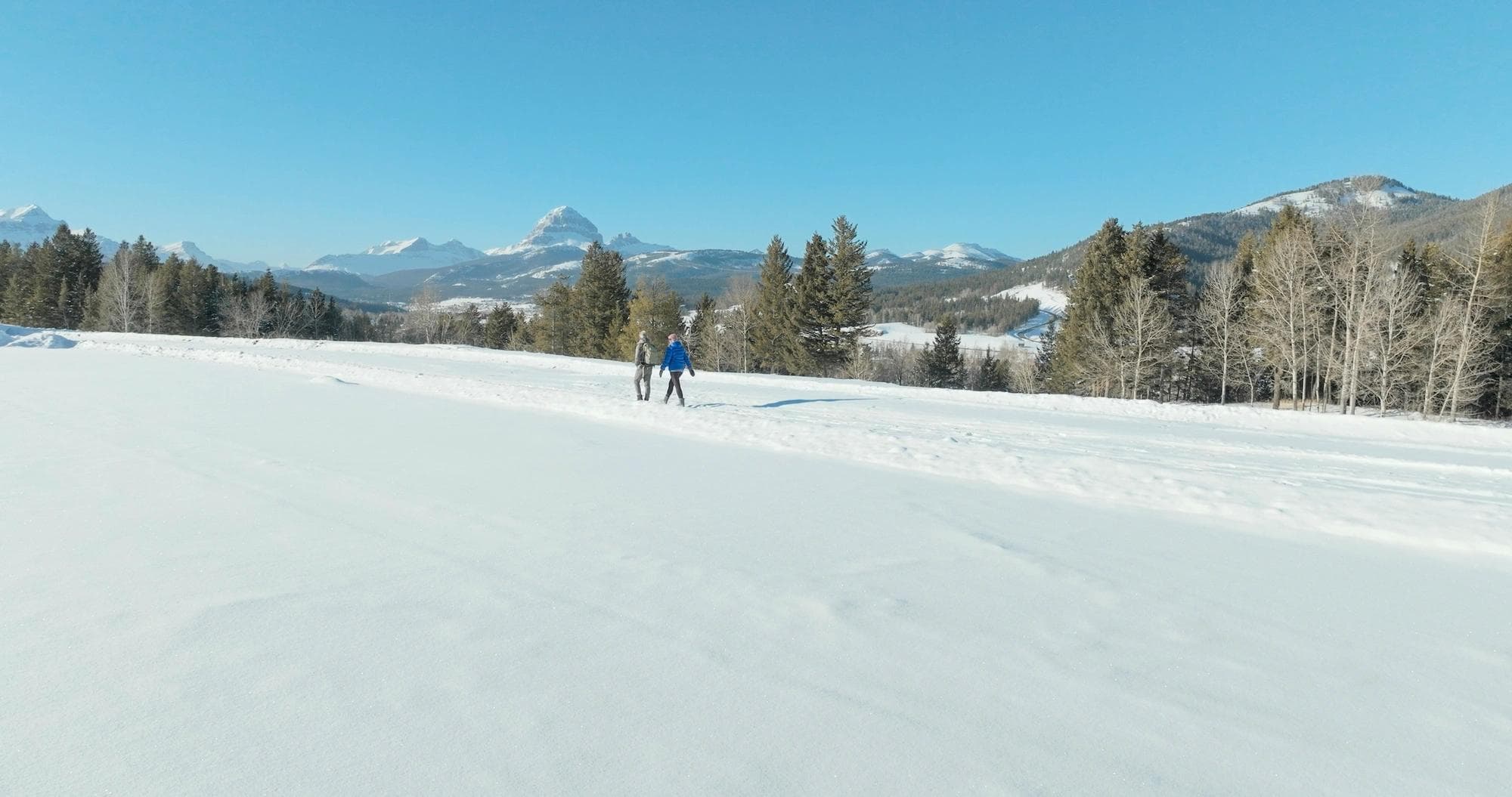 two people taking a walk in the snow
